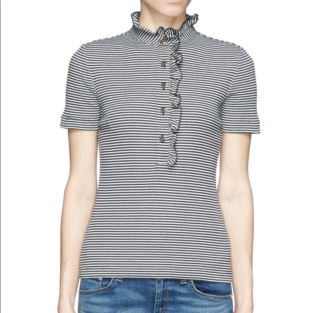 Tory Burch Lidia Ruffle Trim Striped Polo